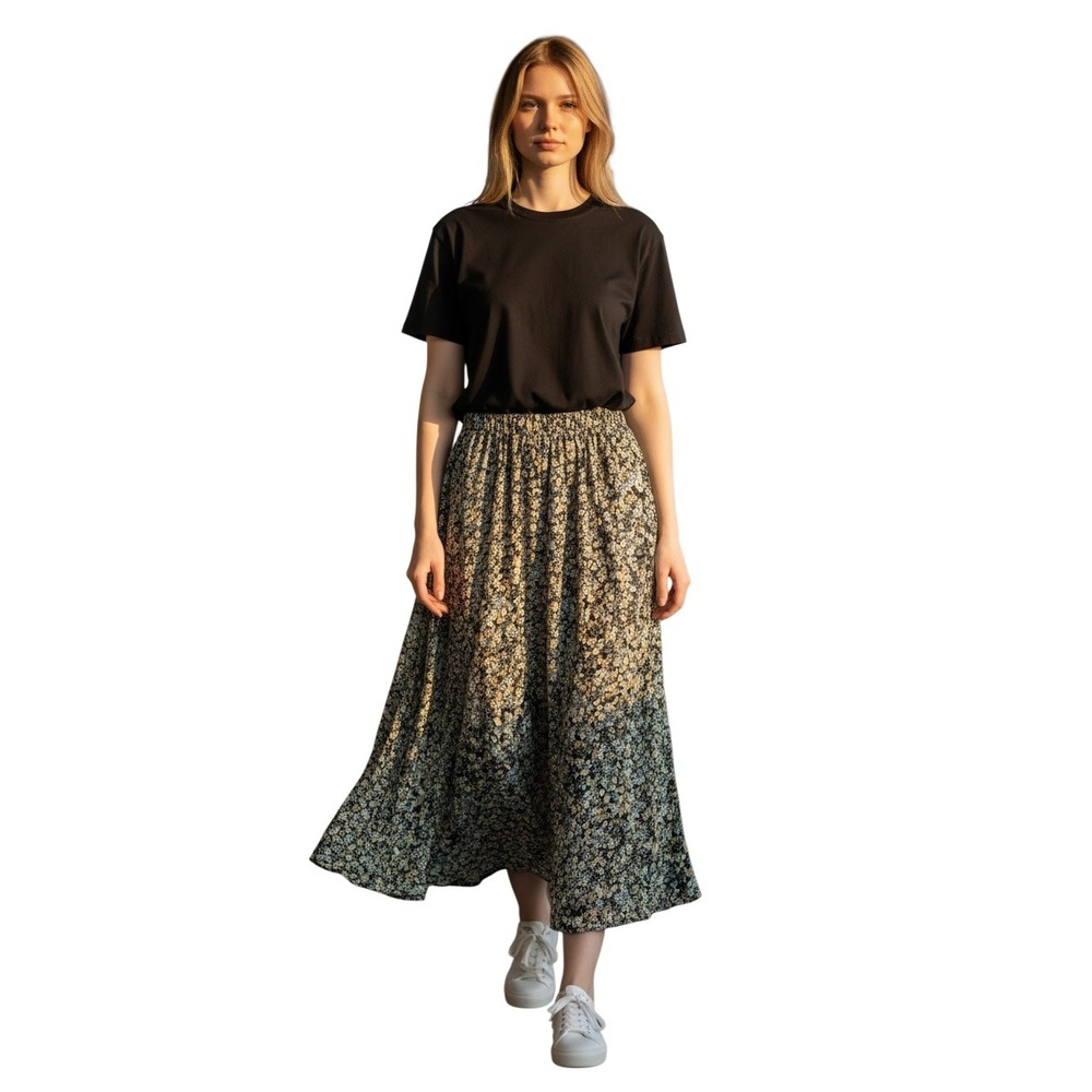 Garnet Hill Floral Maxi Skirt Size L Blue Yellow NWOT